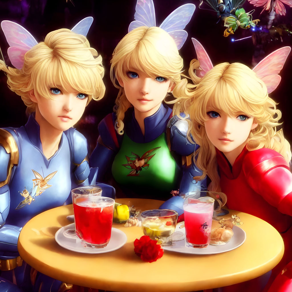 Blonde Fairy Characters in Blue and Red Armor at Table