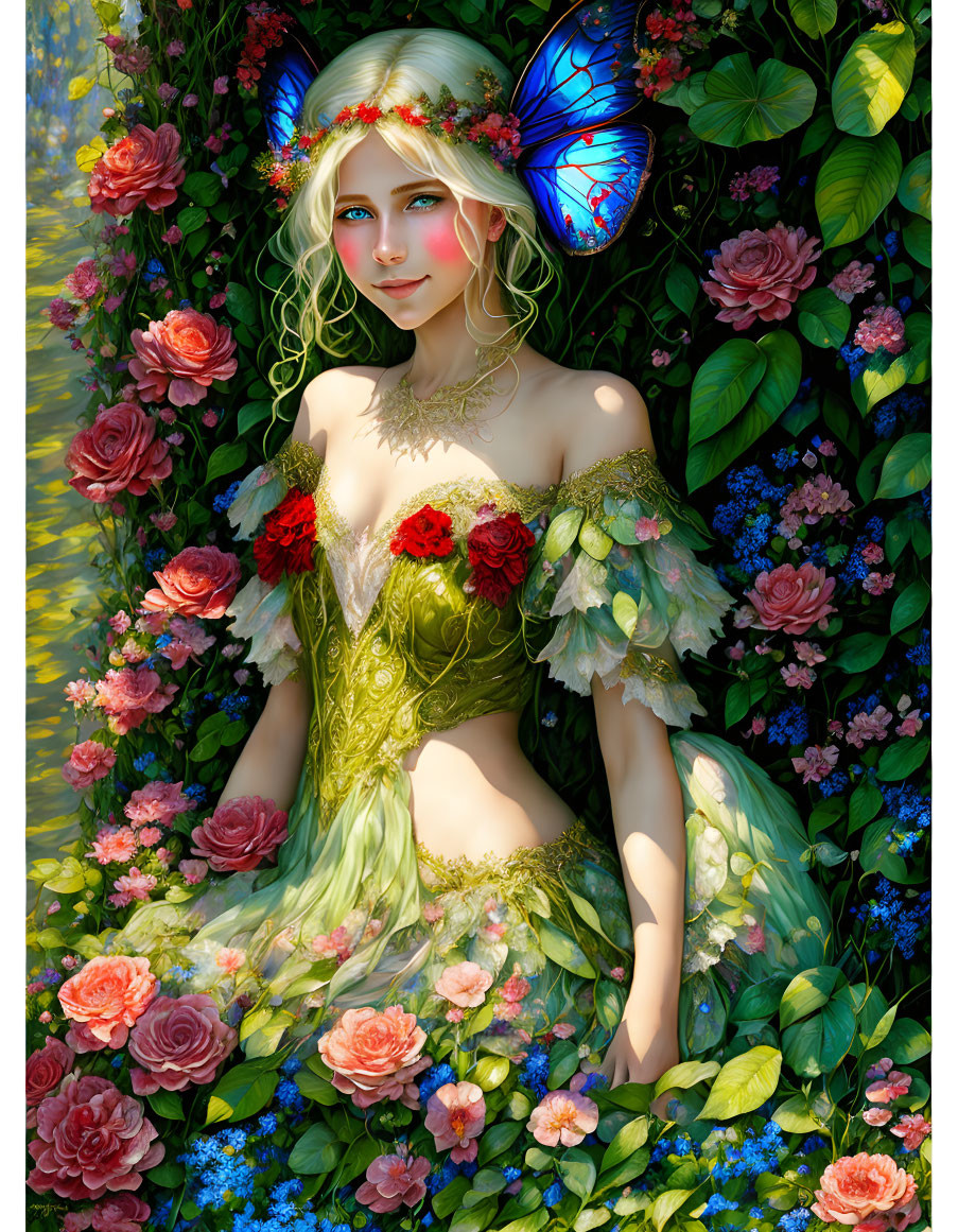 Fantastical fairy with butterfly wings in vibrant flower garden