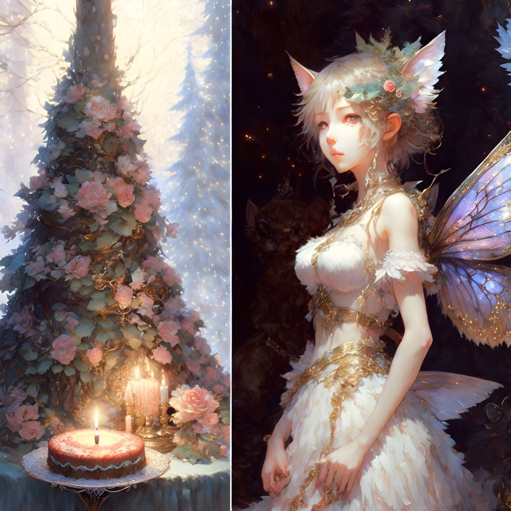 Fantasy character with fox ears and butterfly wings by a winter tree and candle