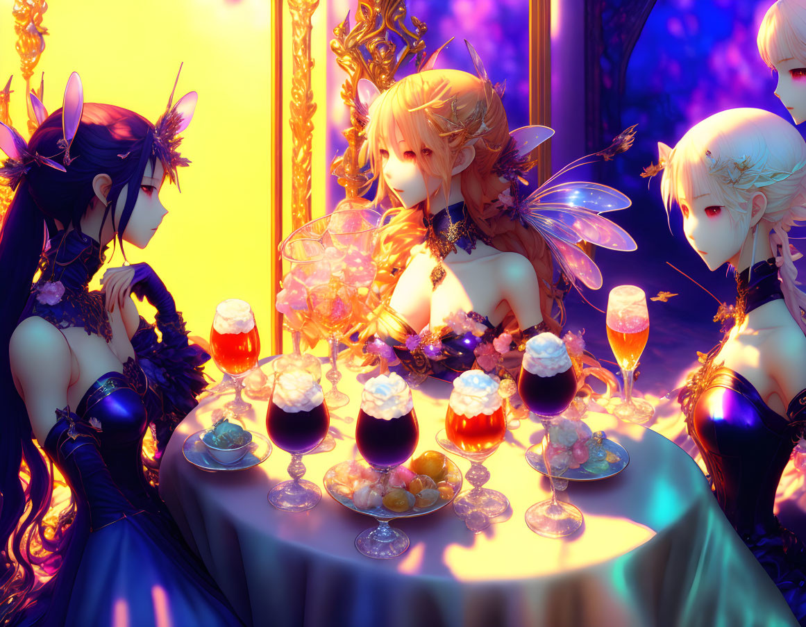 Anime-style characters with animal ears and wings at a lavish table with cocktails and fruits under vibrant lighting