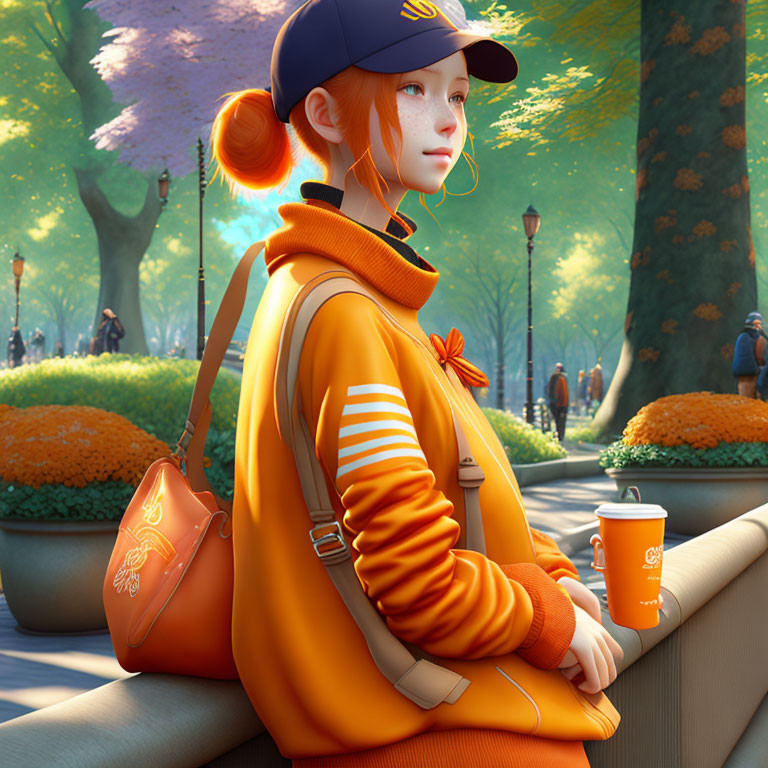 Young woman in yellow hoodie and cap with coffee cup in vibrant park setting