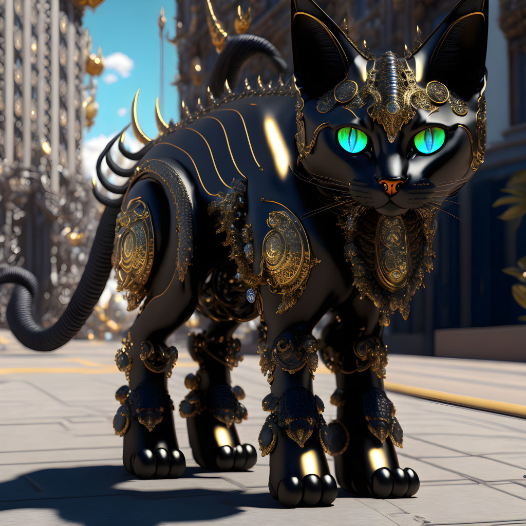 Majestic black robotic cat with gold filigree and blue eyes in ornate palace setting