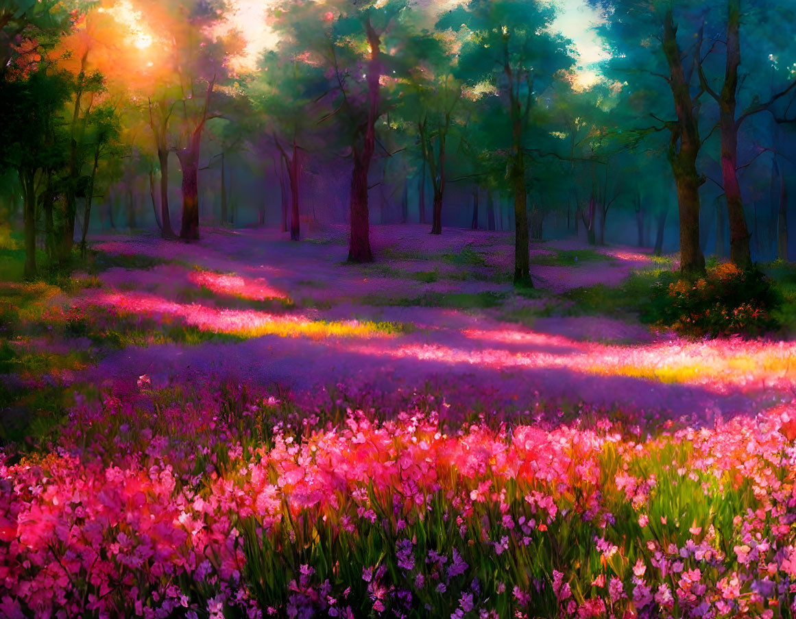 Sunlit forest with colorful flowers under trees