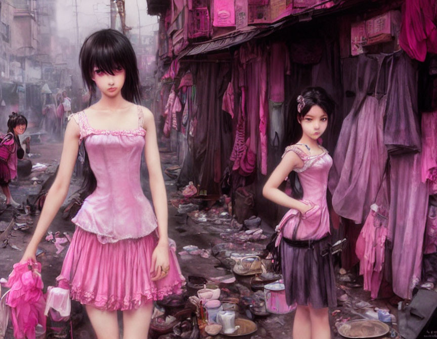 Two animated girls in pink dresses in a grimy alley with hanging laundry and scattered debris.