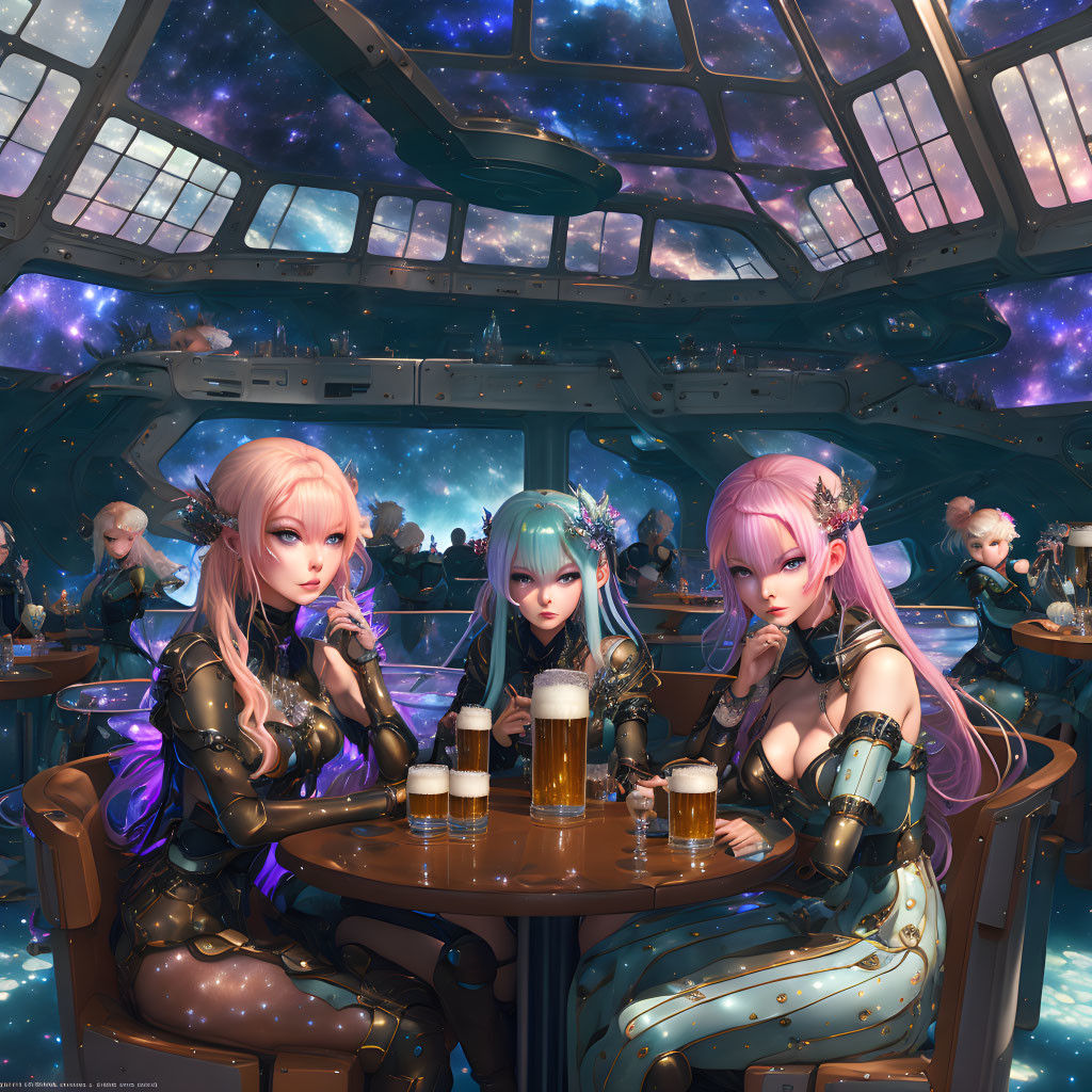 Three female anime characters in futuristic outfits drinking beer in a spaceship.