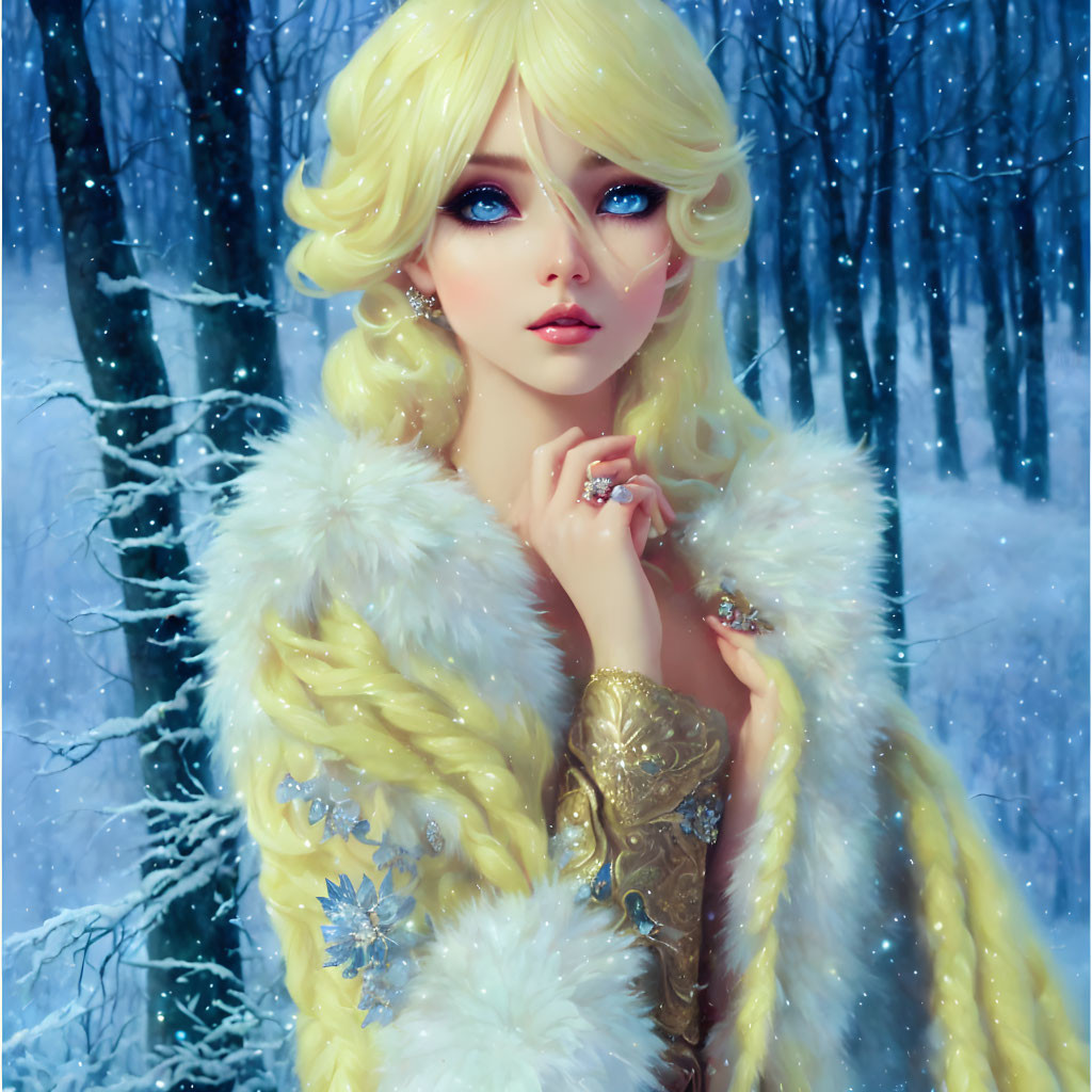 Blonde, Blue-Eyed Animated Woman in Winter Scene with White Fur Cloak