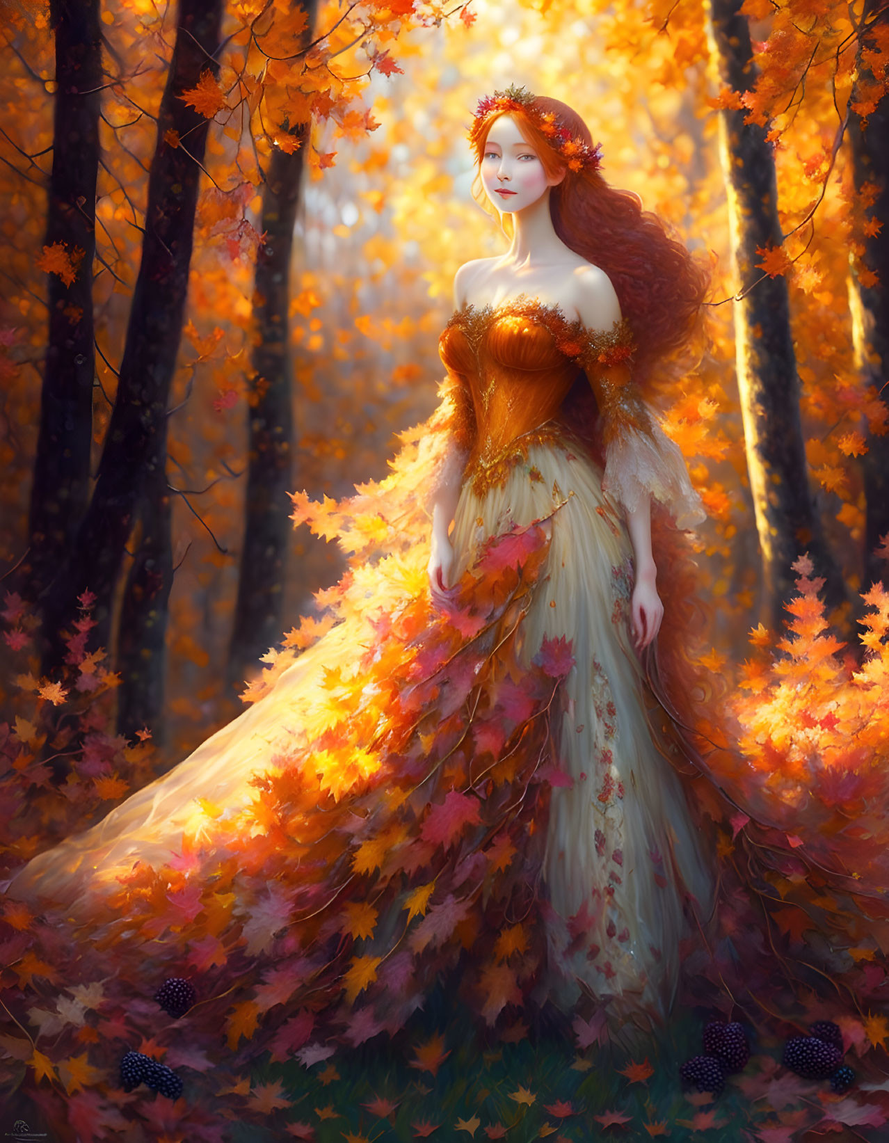 Woman in autumn-themed dress blending with golden forest.