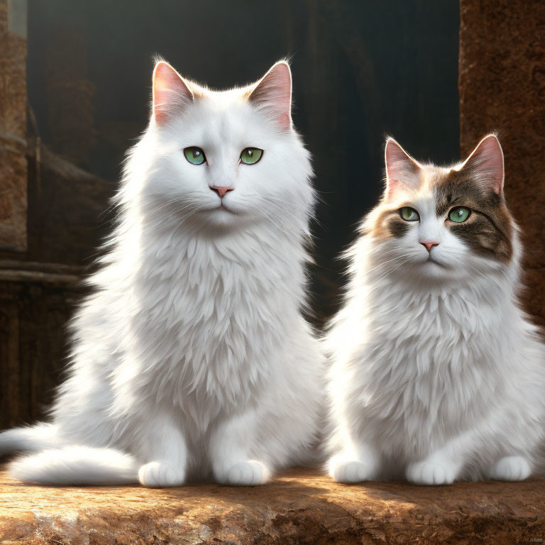 Fluffy white cats with green eyes basking in sunlight near stonework