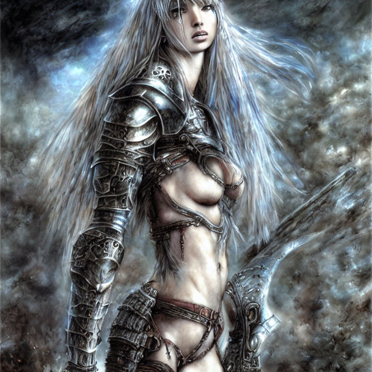 Silver-armored female warrior with long pale hair in mystical setting