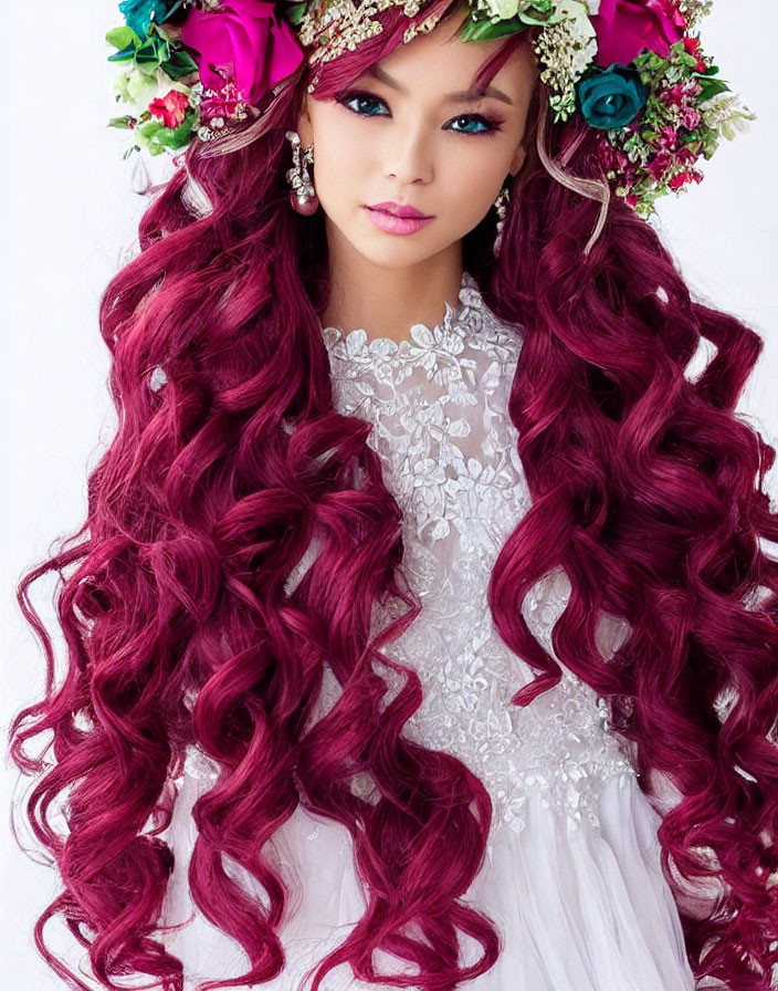 Long Curly Magenta Hair & Floral Headpiece on Person in White Lace Dress