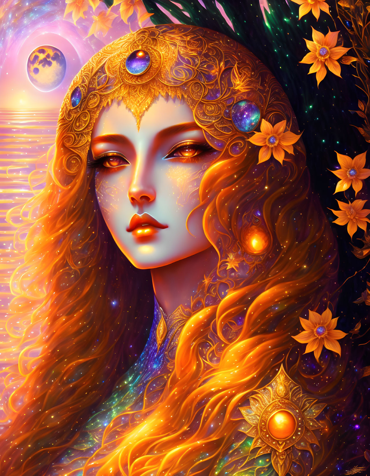 Mystical female figure with golden hair in cosmic scene