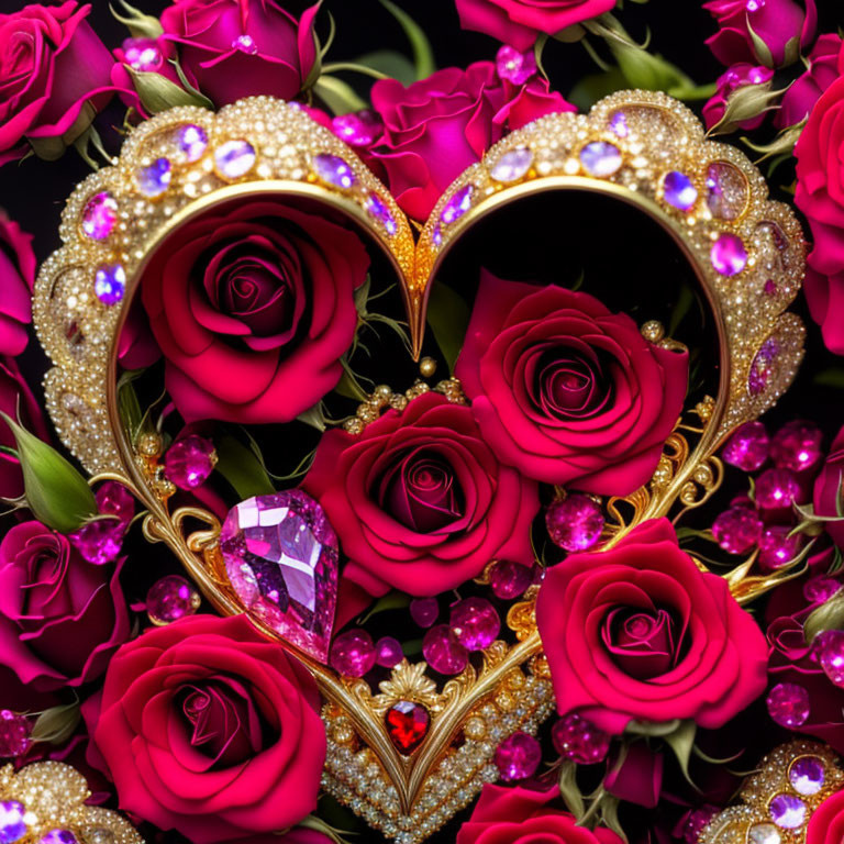 Heart-shaped frame with jewels, roses, and pink gemstone on dark background