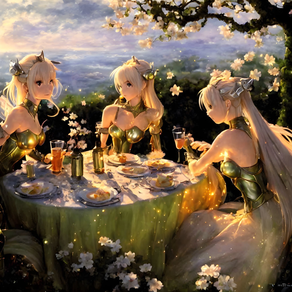 Three animated female characters with horns and elf-like ears dining under a blooming tree at sunset