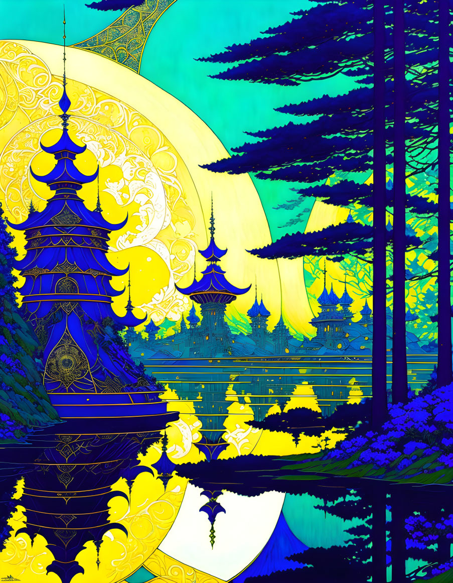 Vibrant stylized illustration of golden pagodas, pine trees, moon, and water.