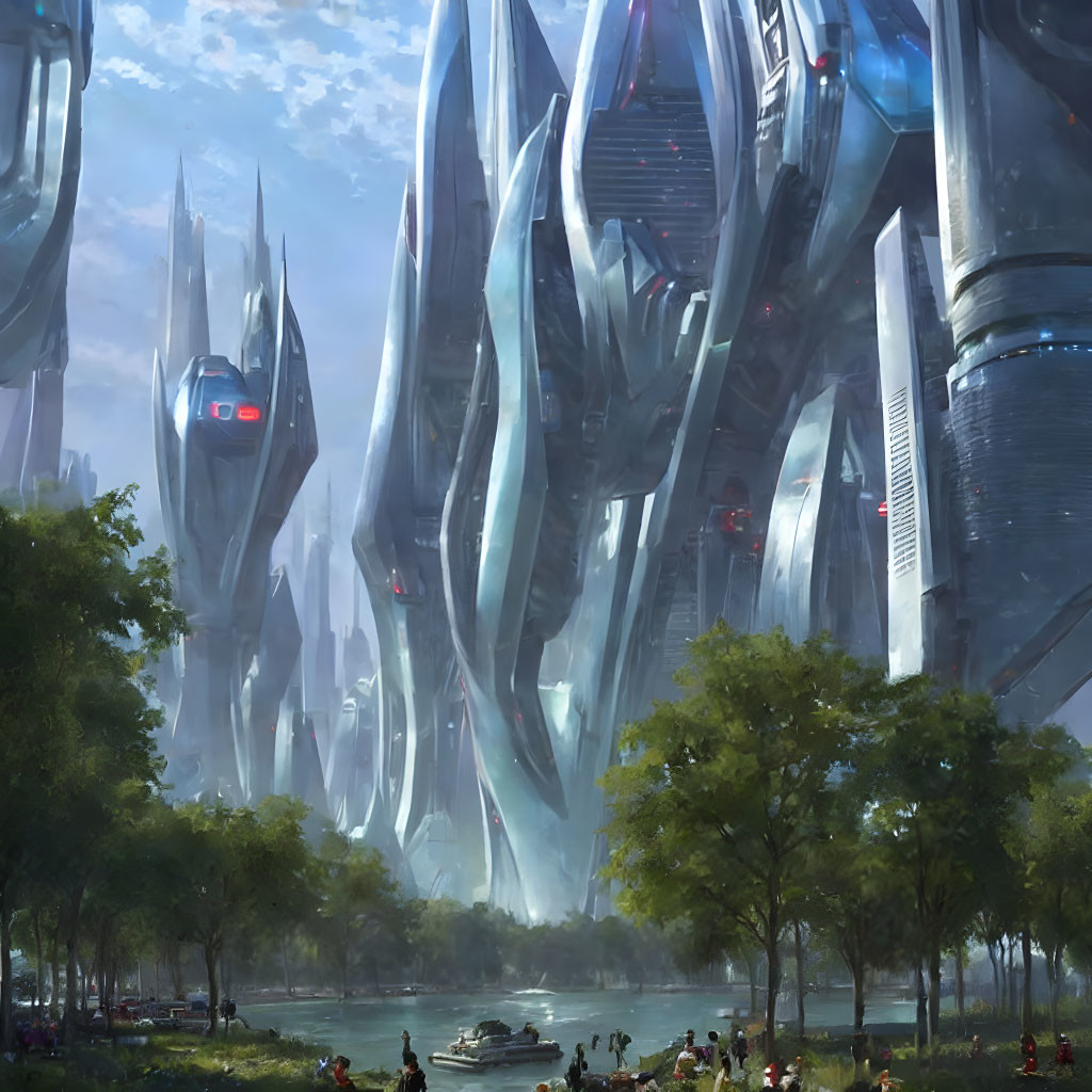 Futuristic cityscape with skyscrapers, greenery, and people on a serene day