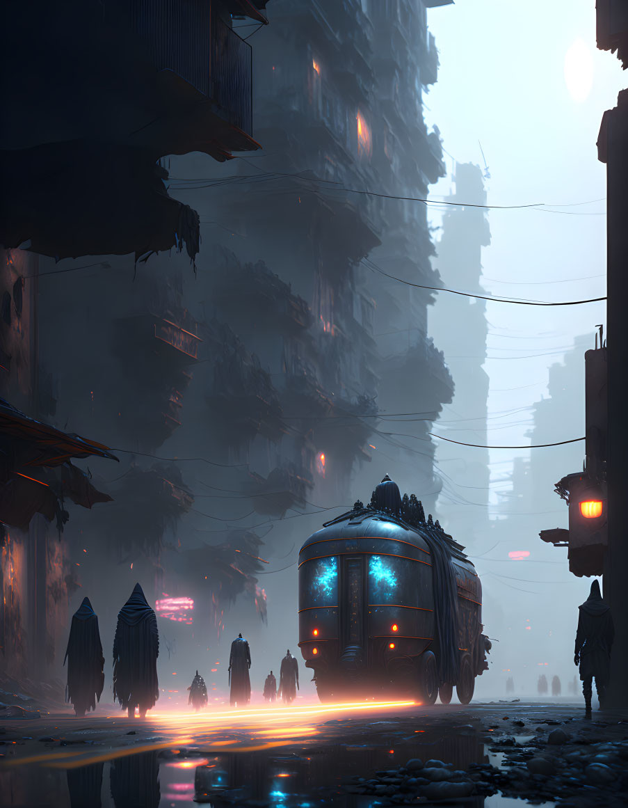 Futuristic cityscape with glowing bus and silhouetted figures