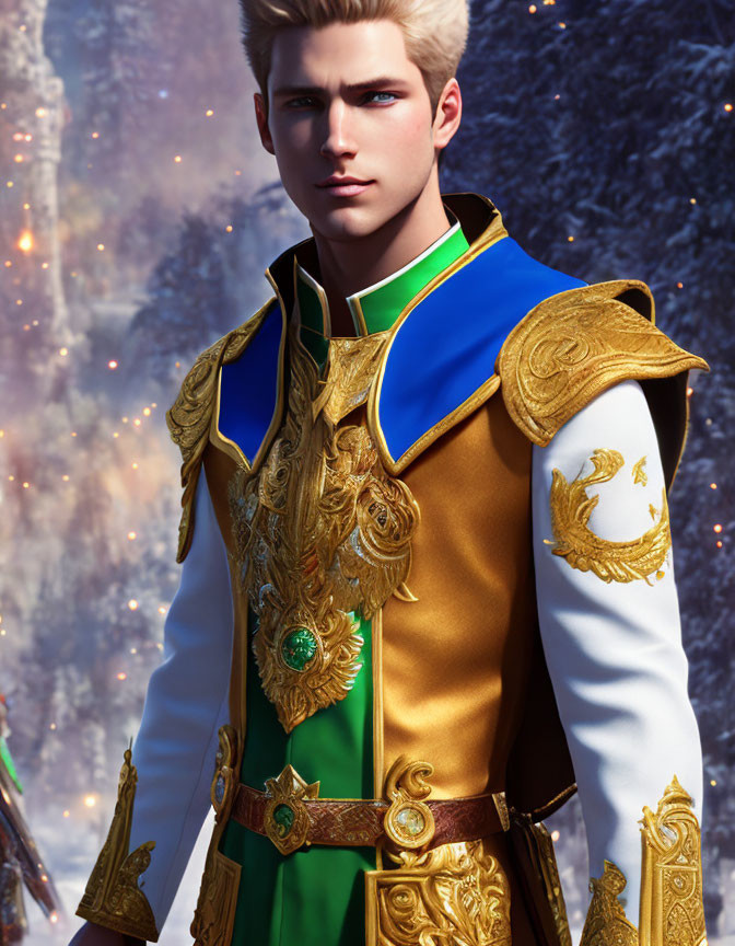 Noble blond character in green and gold medieval attire