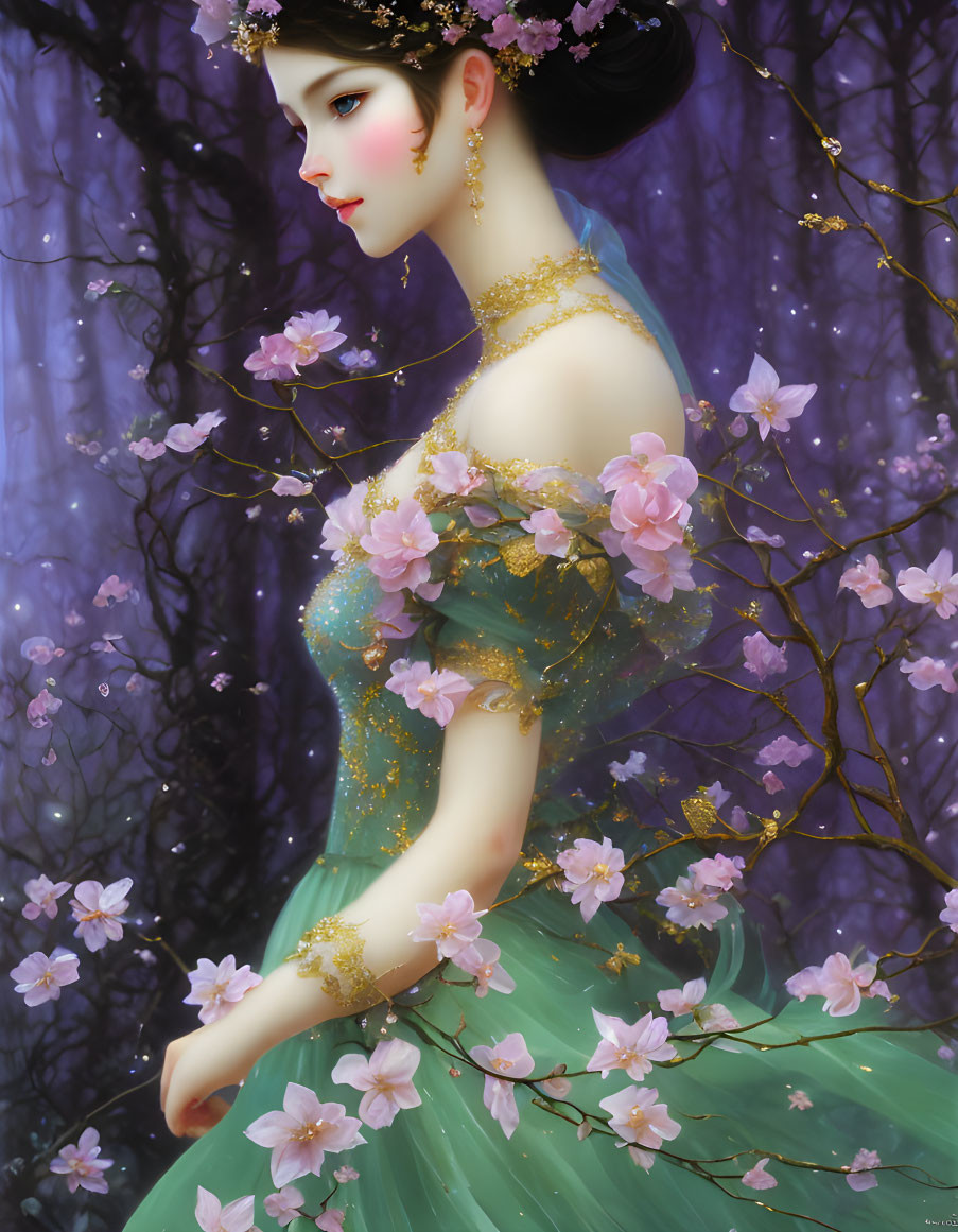 Digital painting of woman in green and gold dress surrounded by pink blossoms