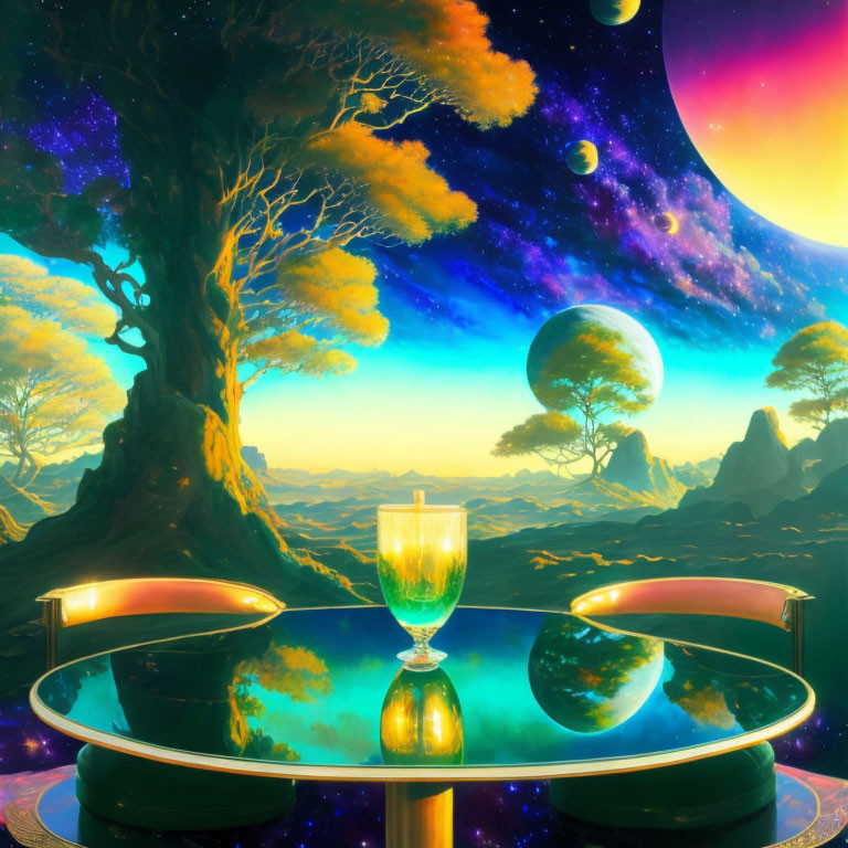 Fantastical landscape with illuminated tree, reflective table, and otherworldly sky.