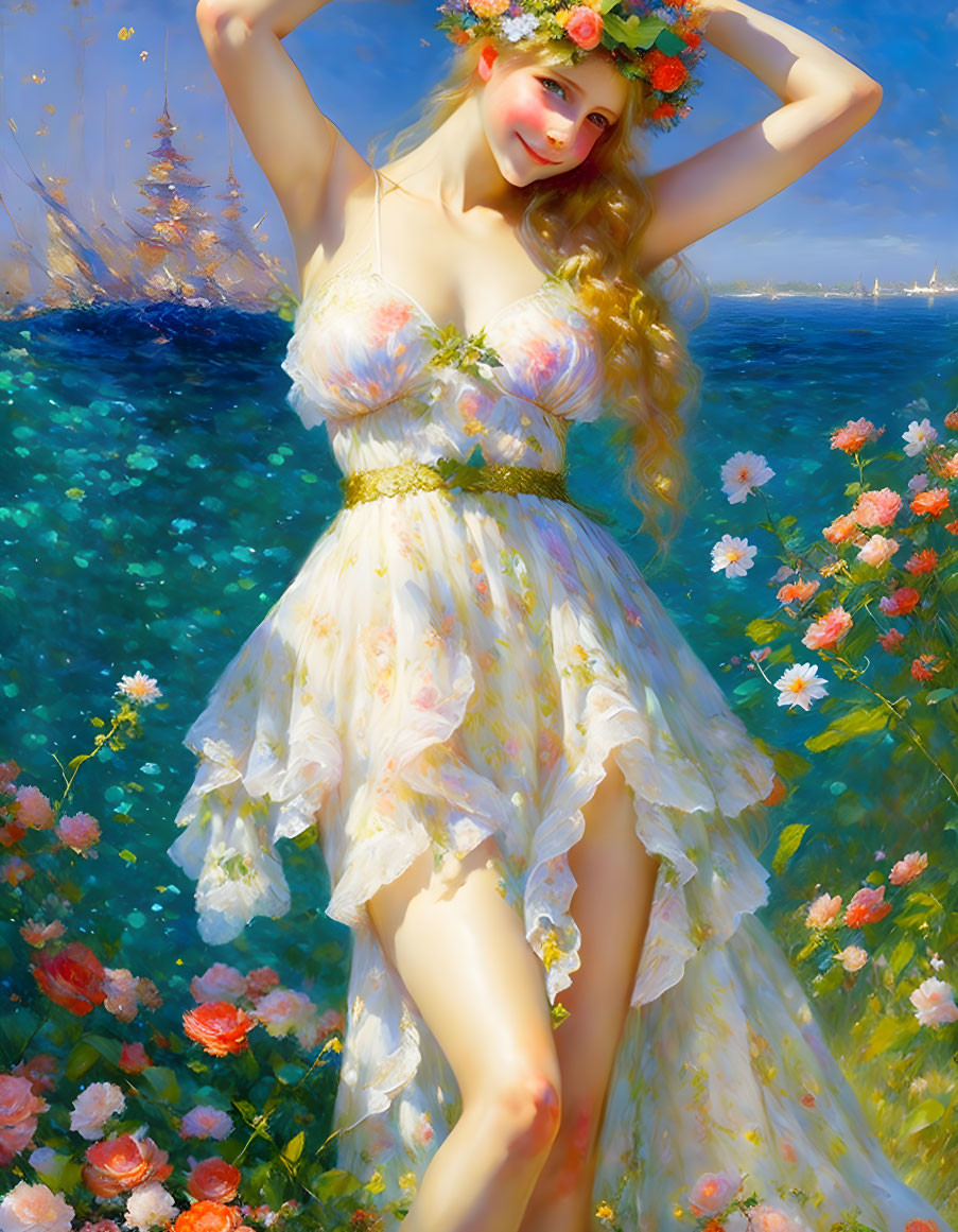 Woman in floral dress and flower crown by the sea with sailing ships in the distance