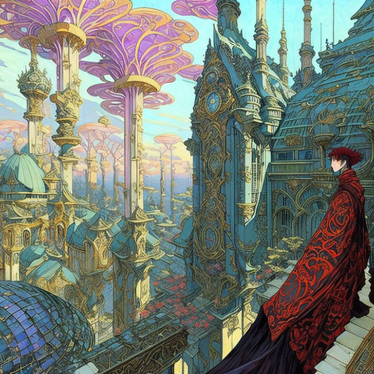 Fantasy cityscape with character in red cloak overlooking blue and gold architecture.