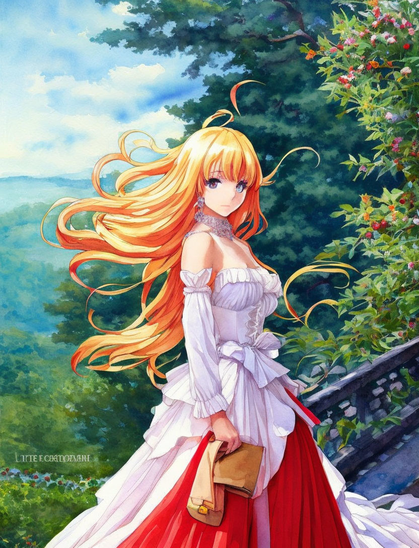 Animated female character on balcony with flowing hair, white and red dress, holding a book.