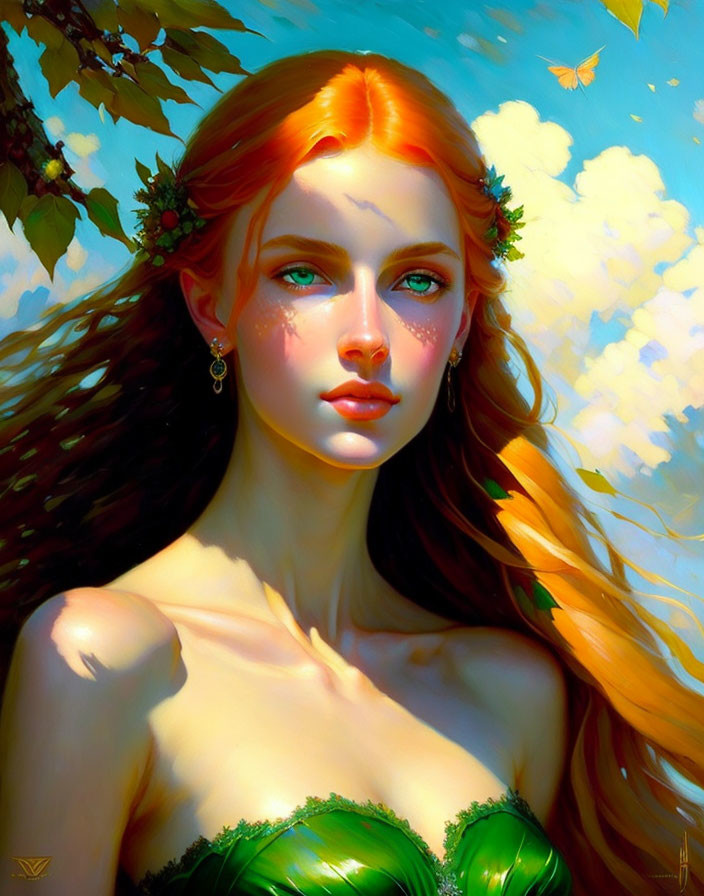 Digital painting: Woman with red hair, green eyes, leafy accessories, soft lighting, butterflies