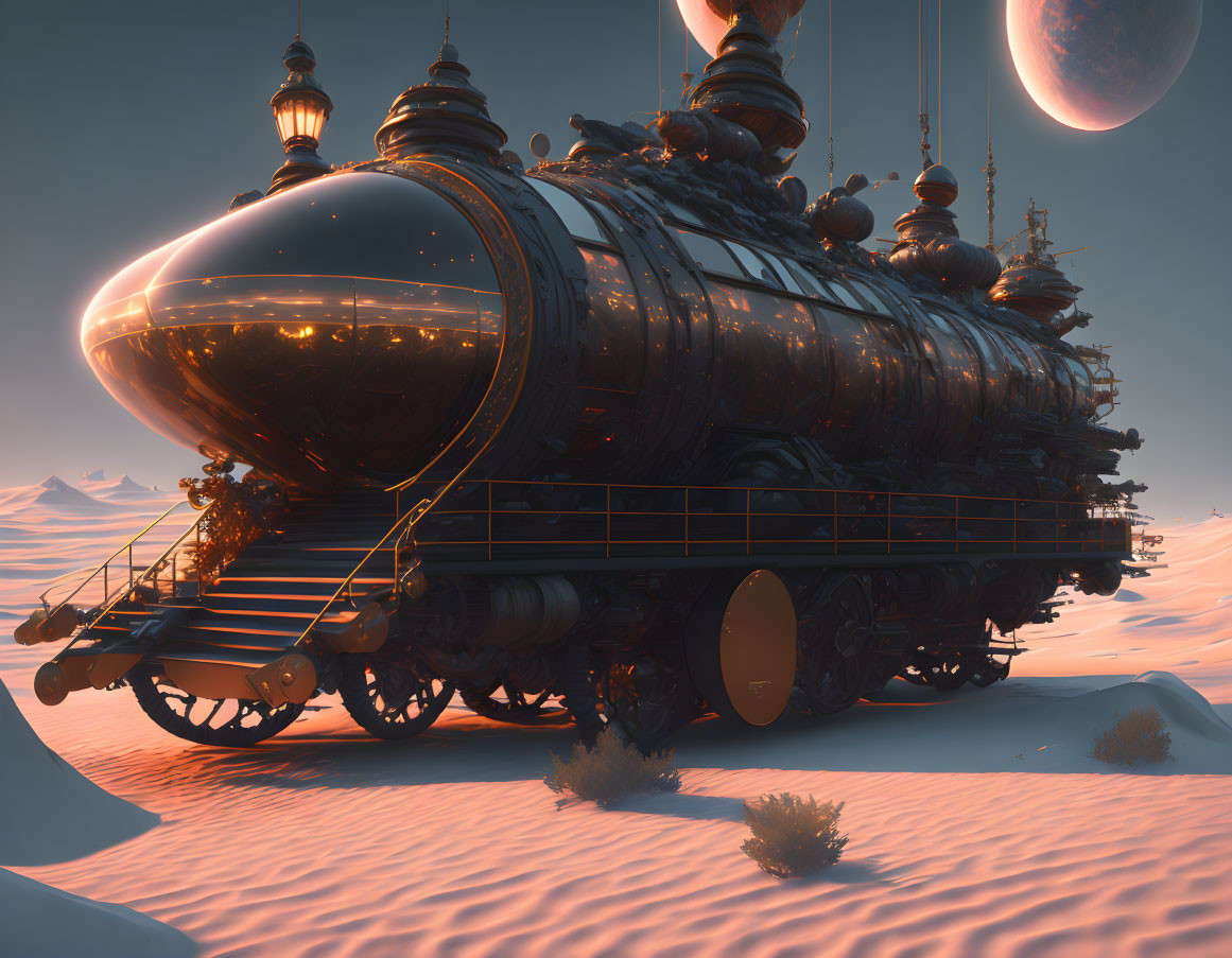 Futuristic train with spherical carriages in desert landscape with large moons