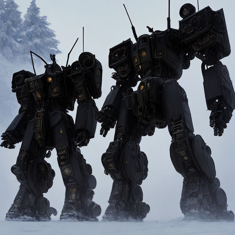 Two armored bipedal robots in snowy landscape with pine trees