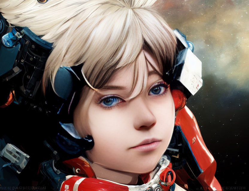 Digital artwork of young individual in futuristic helmet with red and white armor, against starry space.