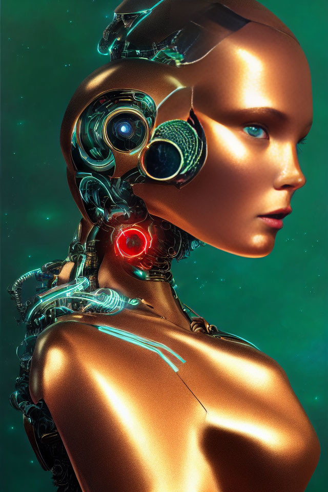 Futuristic robot with human-like face and mechanical parts on teal background