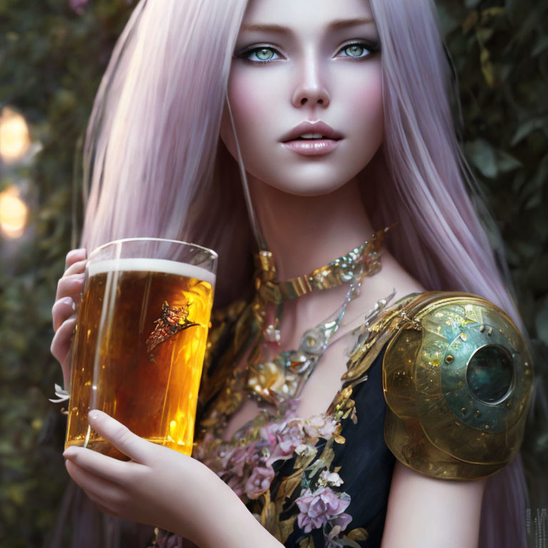 Fantasy digital art: Woman with pink hair and green eyes holding beer mug in floral armor.