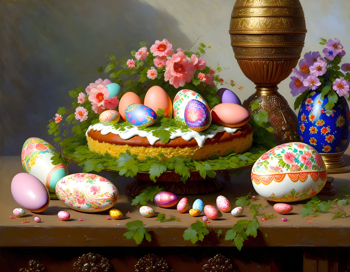 Easter-themed table decor with cake, eggs, and flowers in soft light