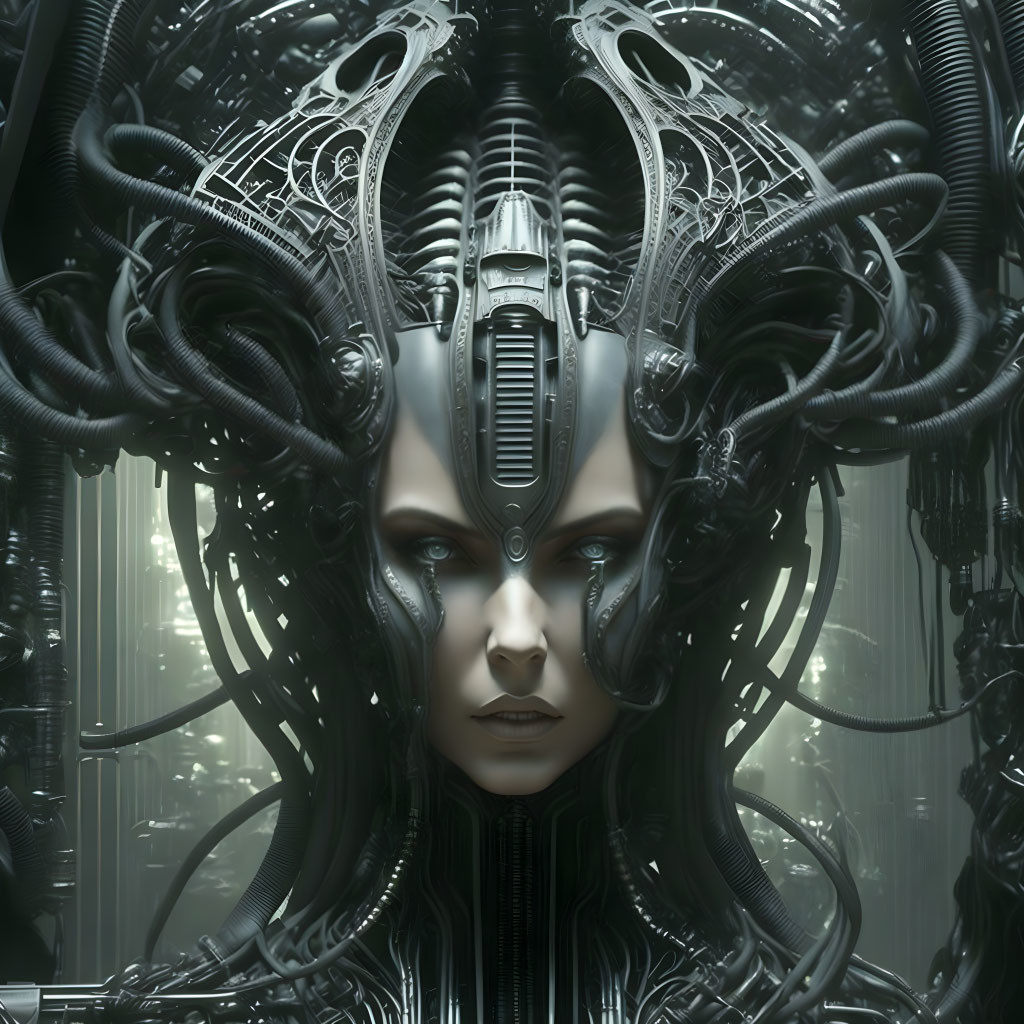 Futuristic female figure with cybernetic headgear in high-tech setting