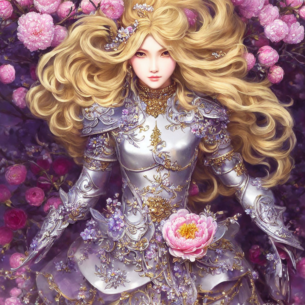 Detailed Illustration: Character with Golden Hair in Silver Floral Armor among Pink Flowers