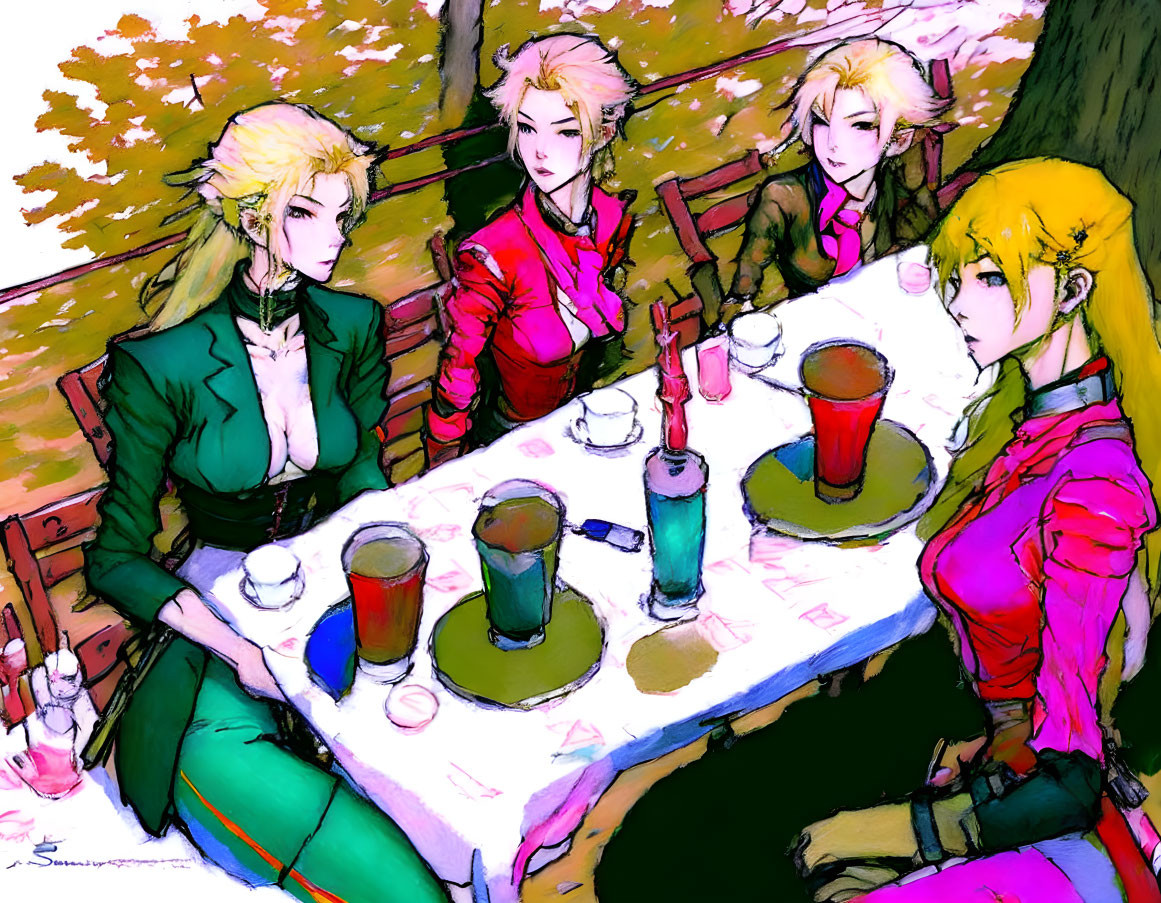 Four animated characters with unique hairstyles and colorful outfits enjoying drinks outdoors