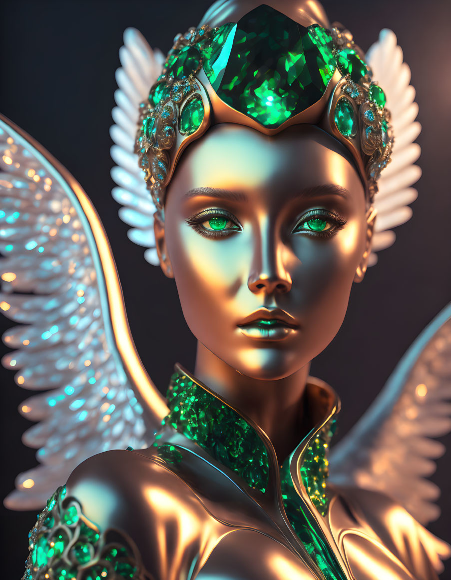 3D-rendered image of female figure with metallic skin and emerald green eyes, bejew