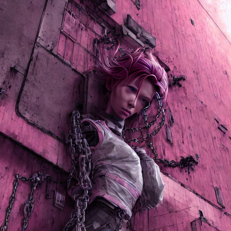 Pink-haired female character in dystopian setting, chained against magenta wall