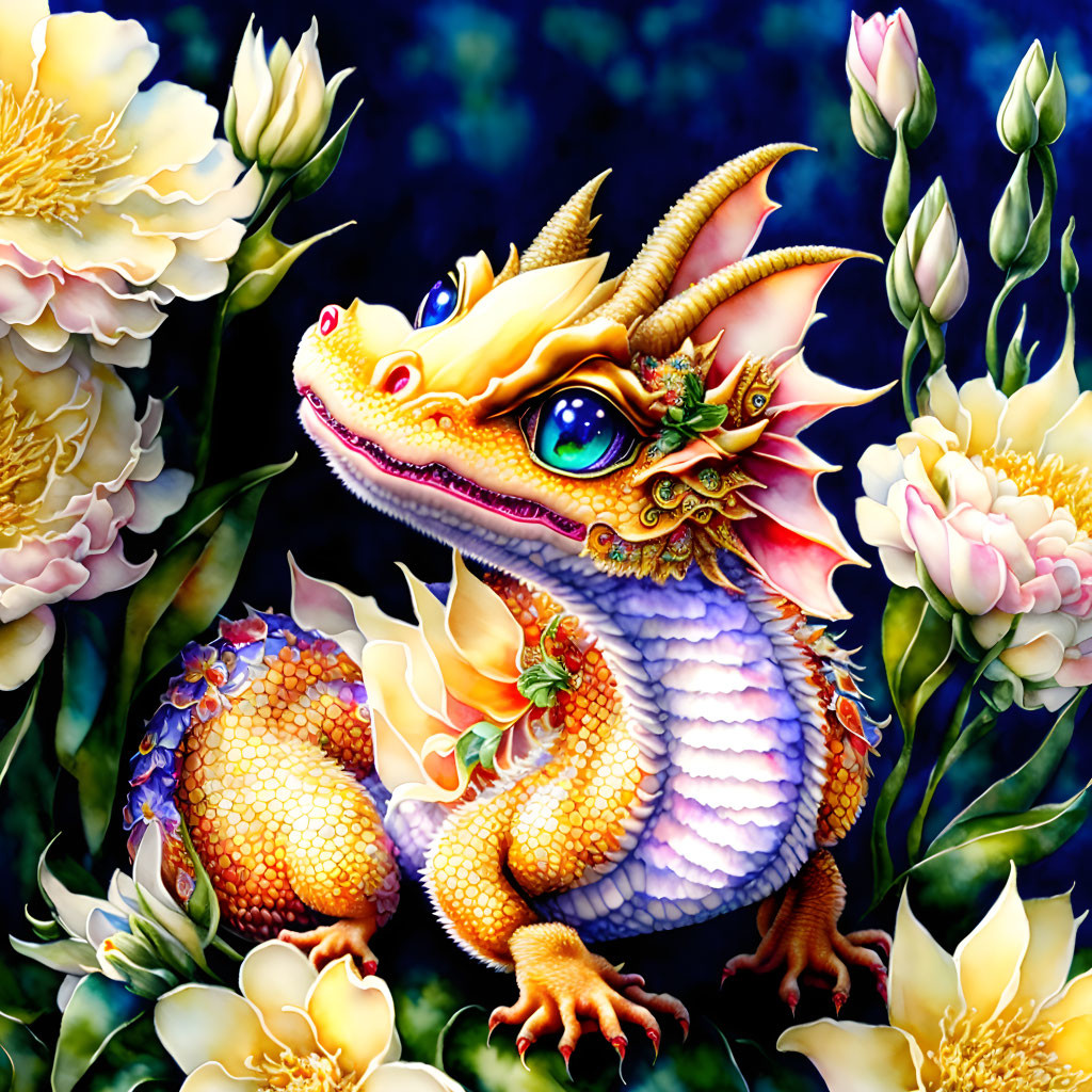 Colorful Dragon Illustration Among Blooming Flowers