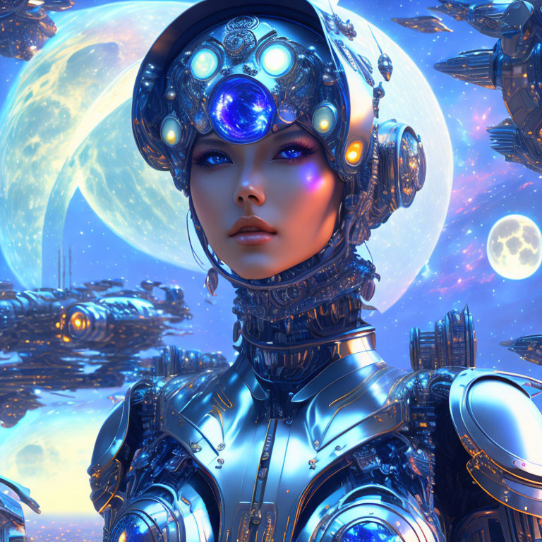 Futuristic female android with intricate headgear in space scene