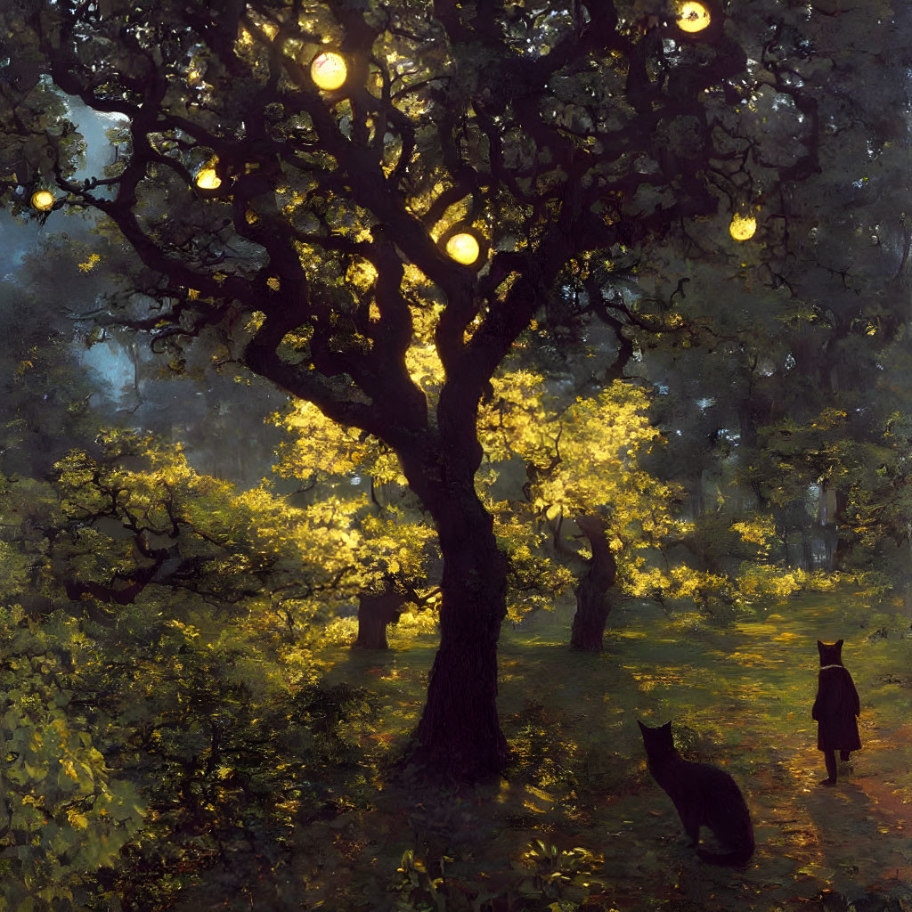 Enchanted twilight forest with illuminated tree, person, and cat