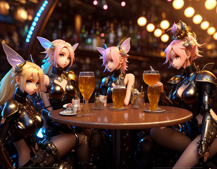 Futuristic armor-clad female anime characters at a bar