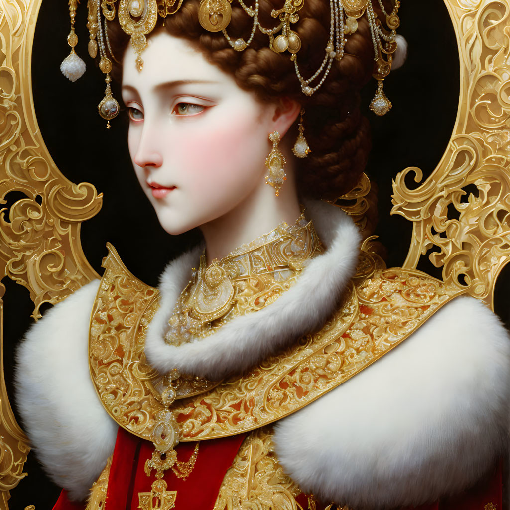 Regal woman portrait with gold jewelry and red dress