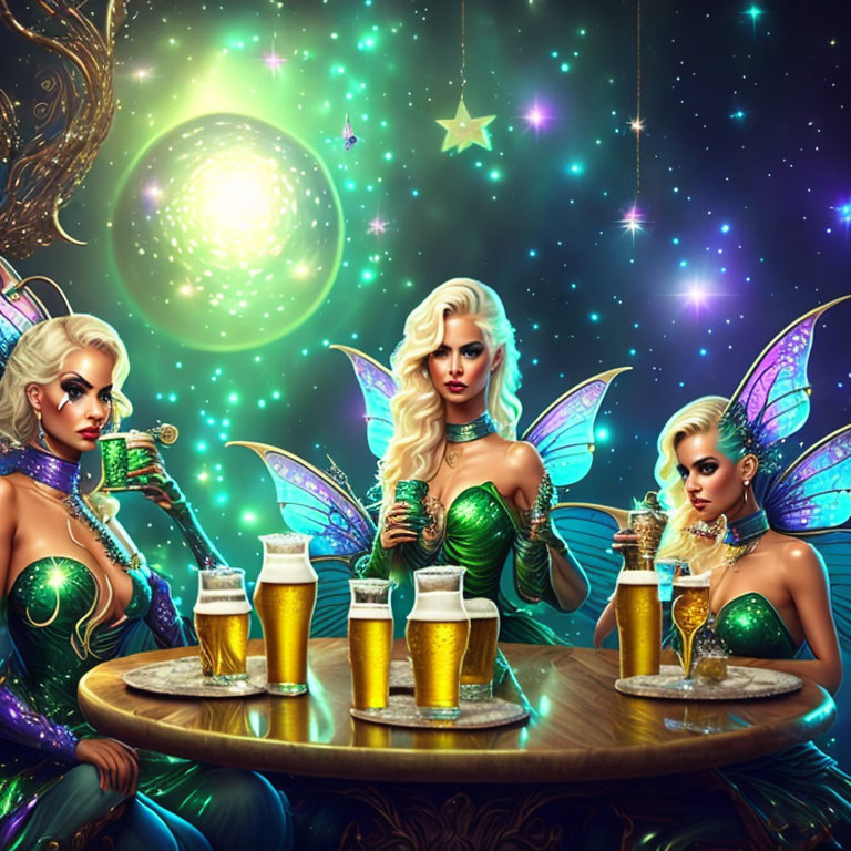 Fantasy elf women with wings in vibrant bar setting toasting glasses of beer under green glowing orb.