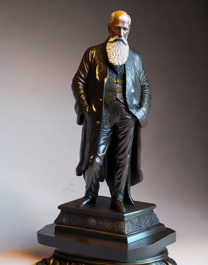 Bearded man statue in 19th-century attire on ornate pedestal