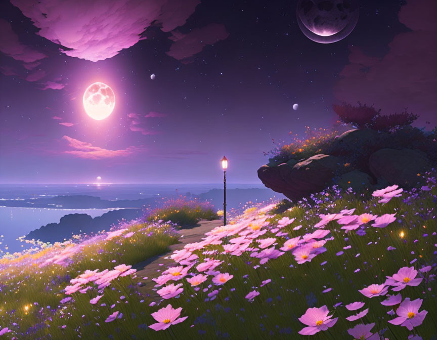 Fantasy landscape with purple sky, two moons, flower-lined path, and lamppost