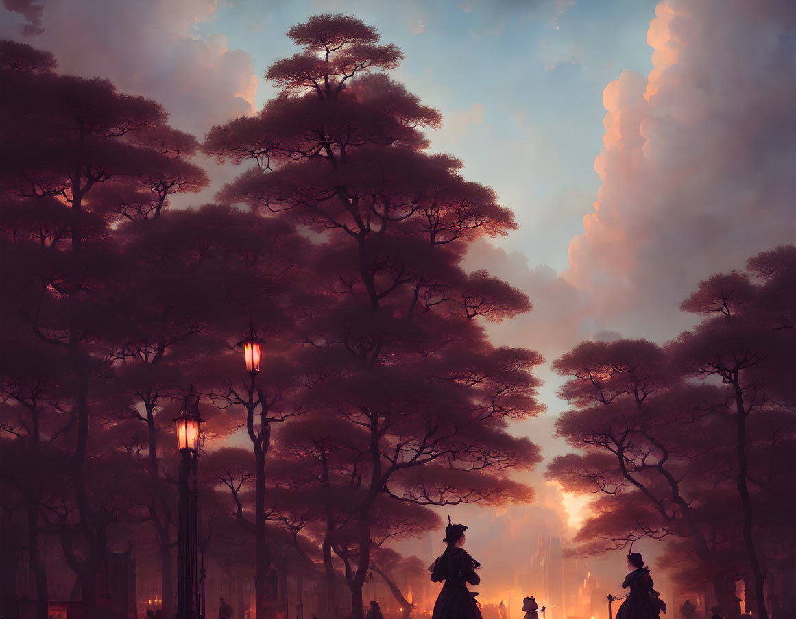 Victorian silhouettes walking among tall trees at dusk