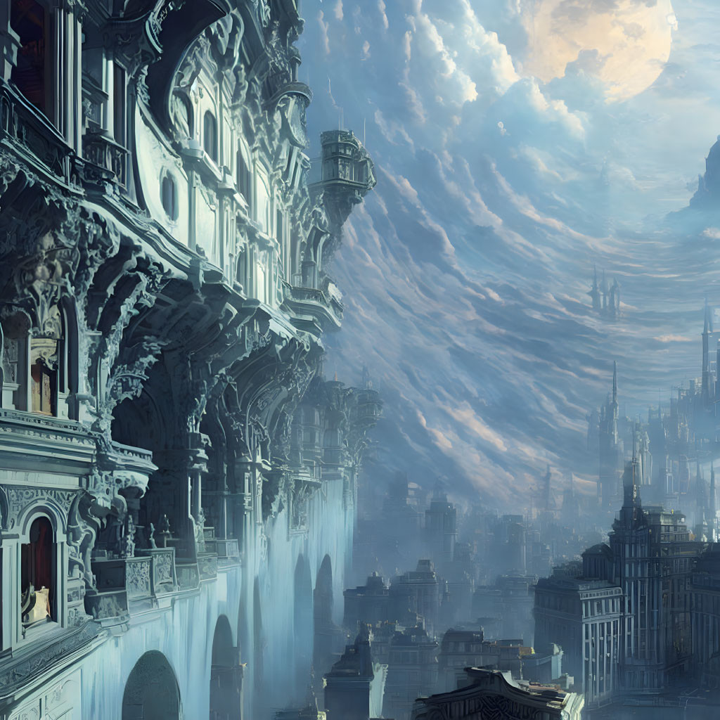 Intricate fantasy cityscape with towering architecture and dramatic clouds