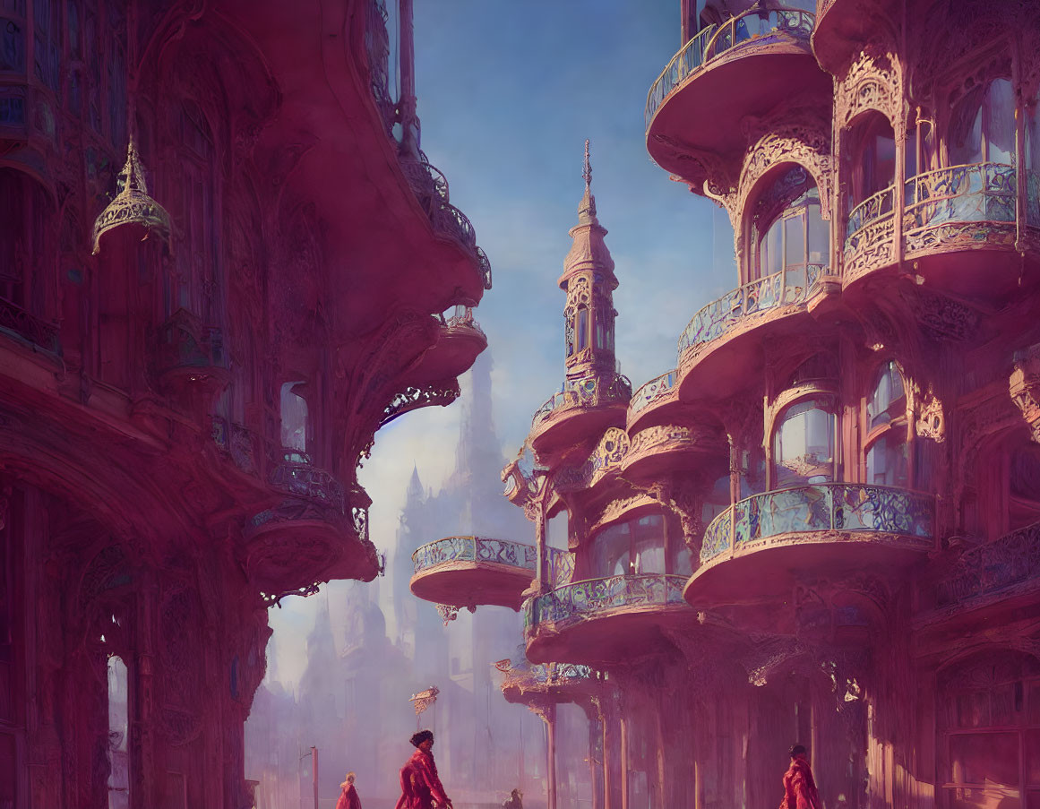 Ethereal cityscape with pink structures and red cloaked figures