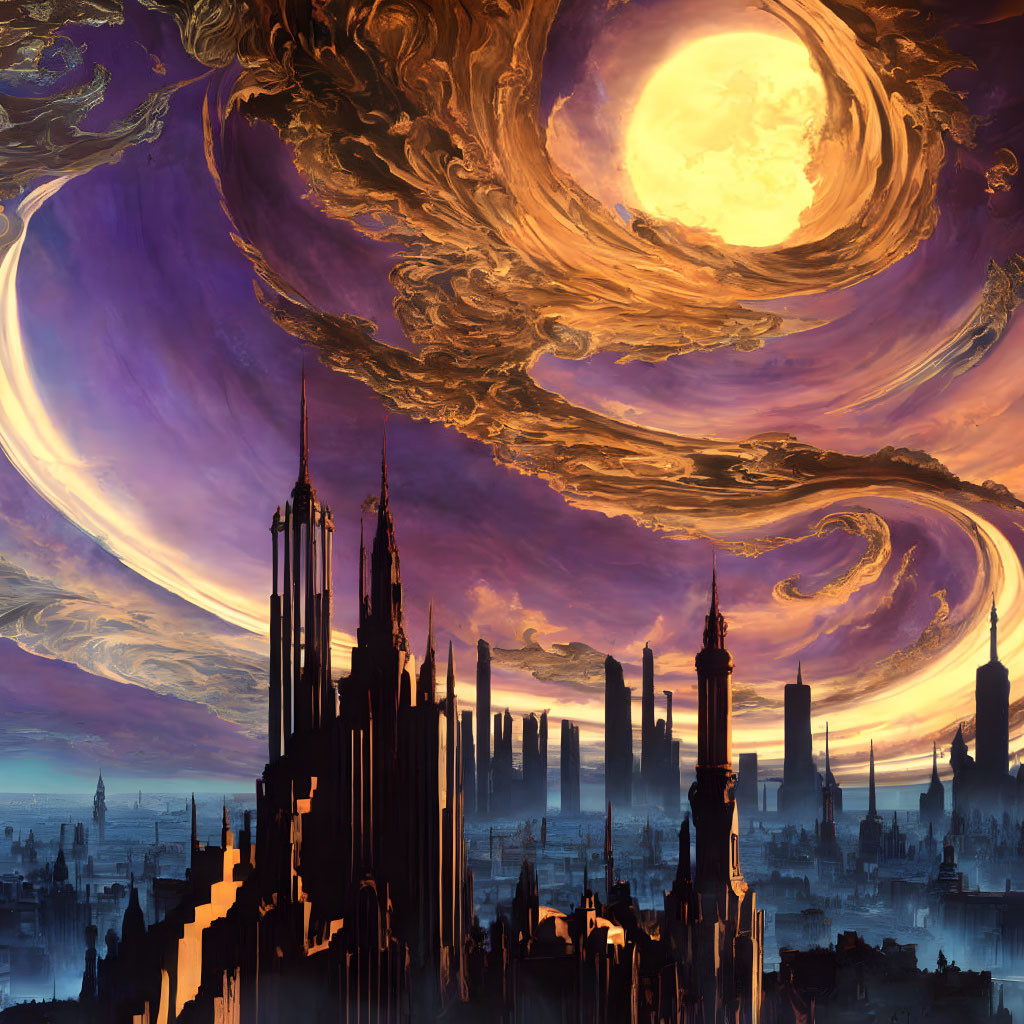 Fantastical cityscape under golden sky with luminous celestial body